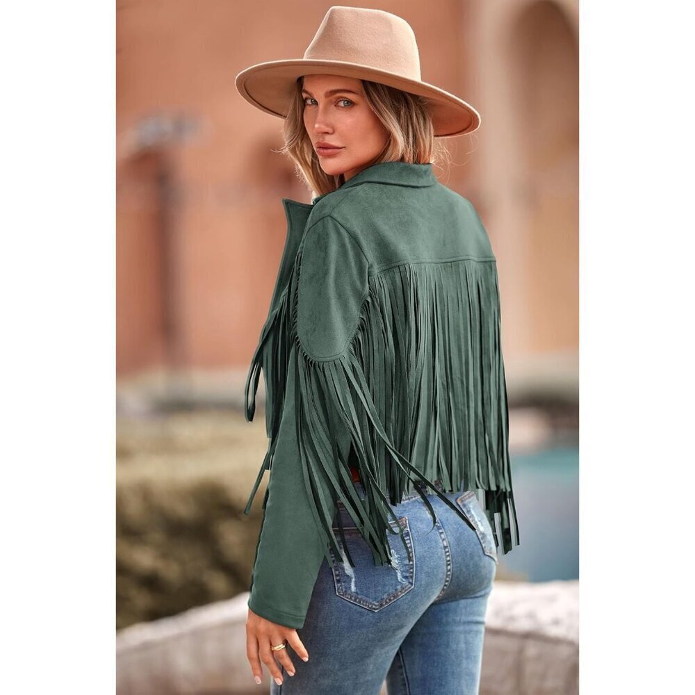 Women's Green Fringe Faux Suede Leather Tassel Motorcycle Cropped Jackets - Picture 2 of 9